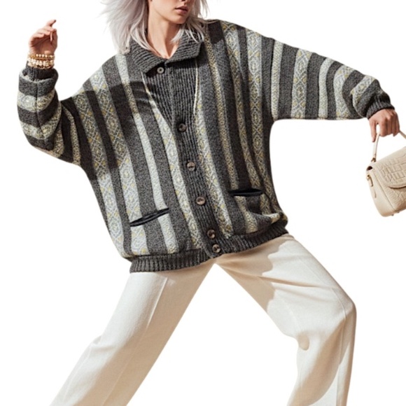 Vintage Italian made grey stripe fair isle style oversized lined coatigan XL - Picture 1 of 17